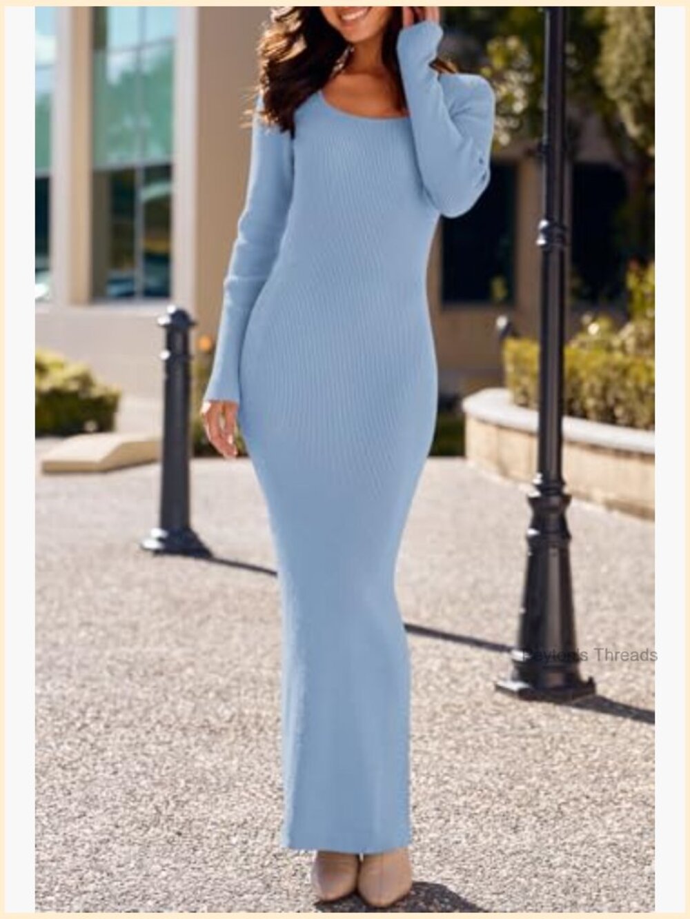 Long Sleeve Bodycon Sweater Dress Square Neck Ribbed Knit Maxi Dress - Picture 4 of 7